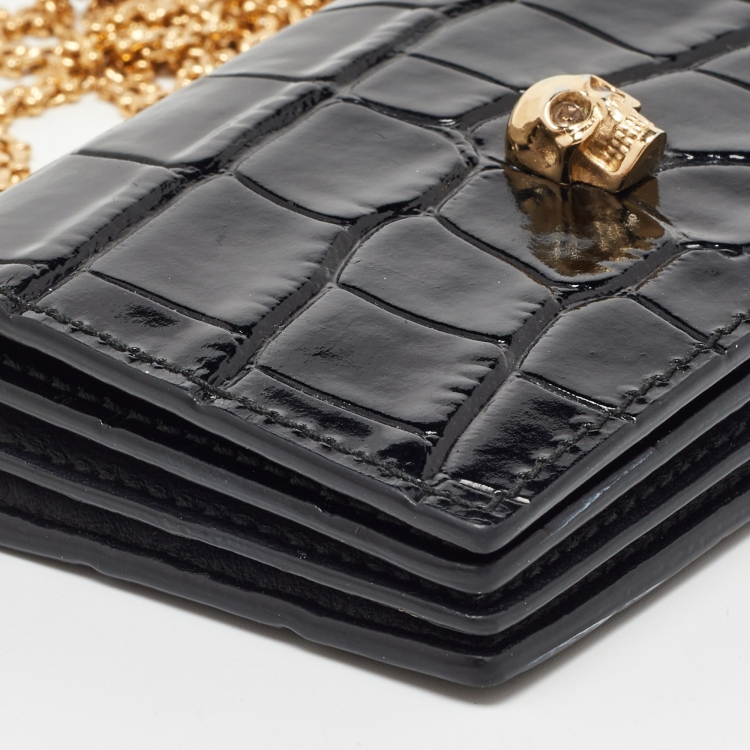 Pre Owned Alexander McQueen Black Croc Embossed Leather Skull Chain Card Case
