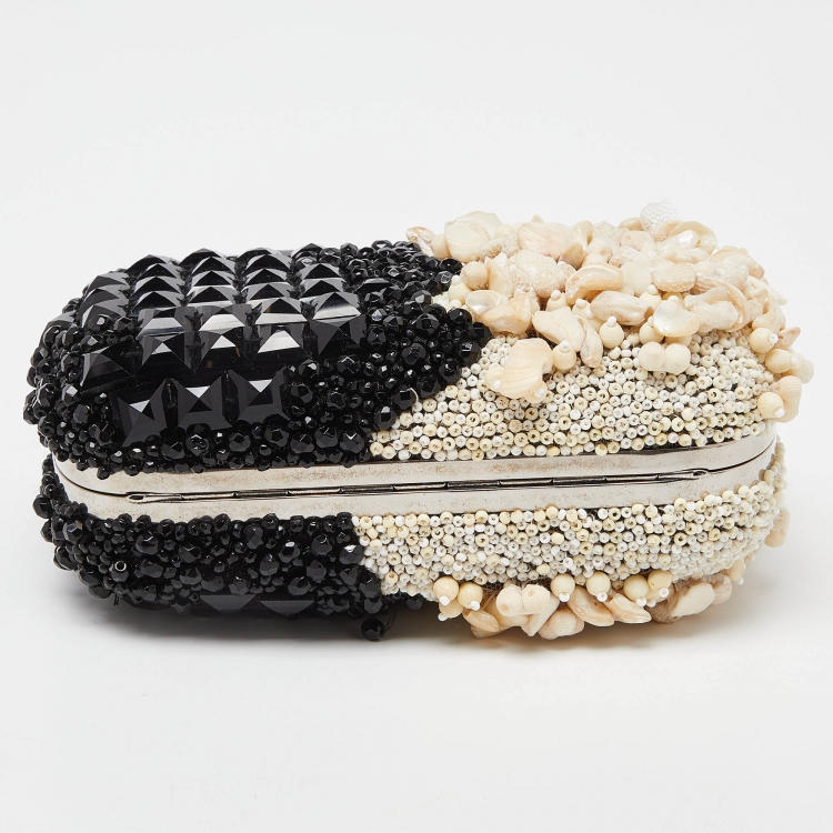 Pre Owned Alexander McQueen Black/Beige Beads Embellished Skull Box Clutch