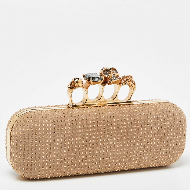 Pre Owned Alexander McQueen Beige Suede Studded Skull Knuckle Box Clutch