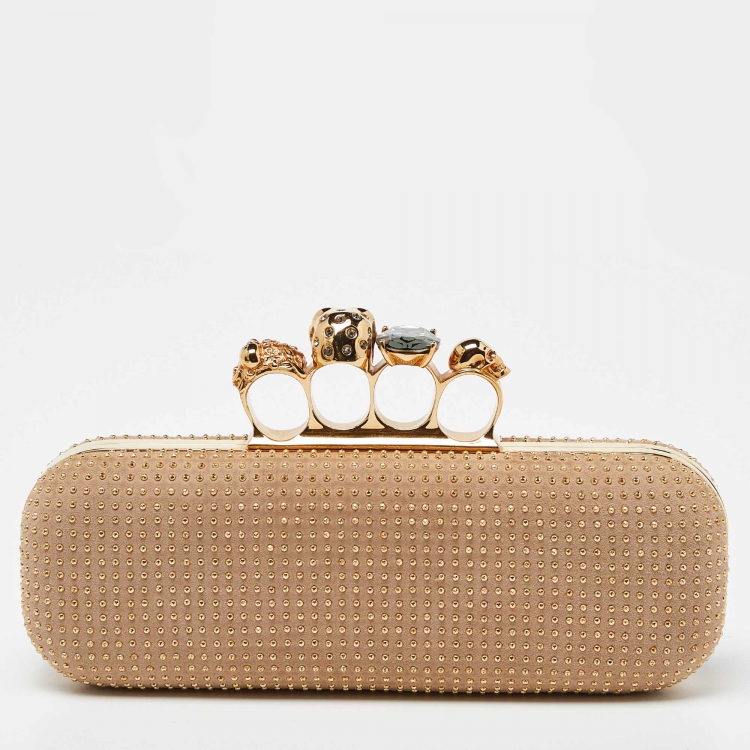 Pre Owned Alexander McQueen Beige Suede Studded Skull Knuckle Box Clutch
