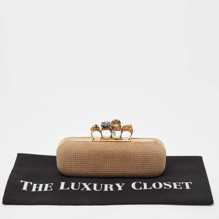 Pre Owned Alexander McQueen Beige Suede Studded Skull Knuckle Box Clutch