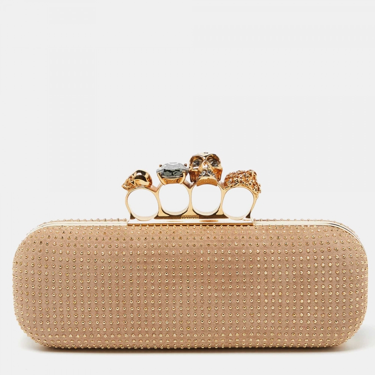 Pre Owned Alexander McQueen Beige Suede Studded Skull Knuckle Box Clutch