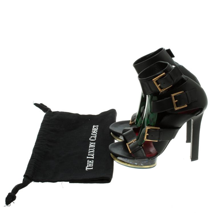 مملوكة مسبقًا Alexander McQueen Black Leather Plexi Plaque Strappy Platform Sandals Size 40