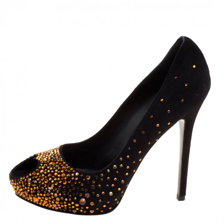 Pre Owned Alexander McQueen Black Crystal Embellished Suede Heart Peep Toe Pumps Size 38.5