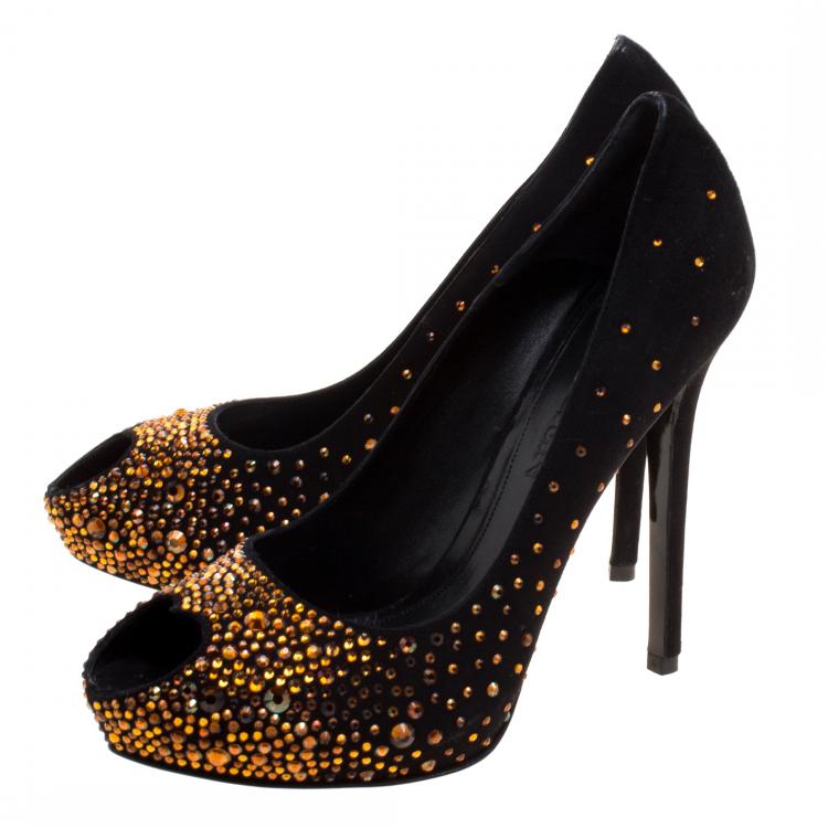 Pre Owned Alexander McQueen Black Crystal Embellished Suede Heart Peep Toe Pumps Size 38.5