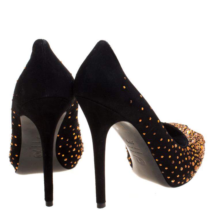 Pre Owned Alexander McQueen Black Crystal Embellished Suede Heart Peep Toe Pumps Size 38.5