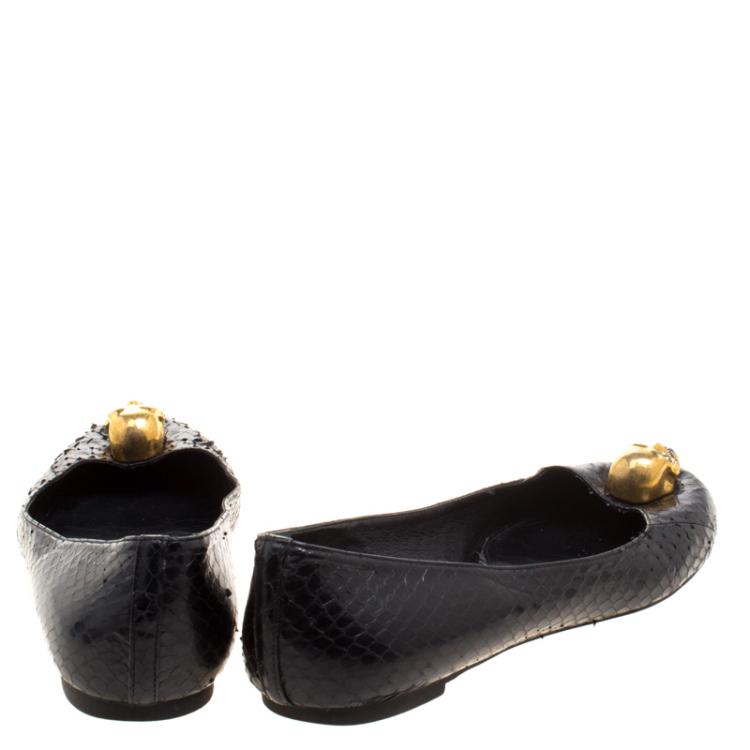 Pre Owned Alexander McQueen Black Python Leather Skull City Ballet Flats Size 36