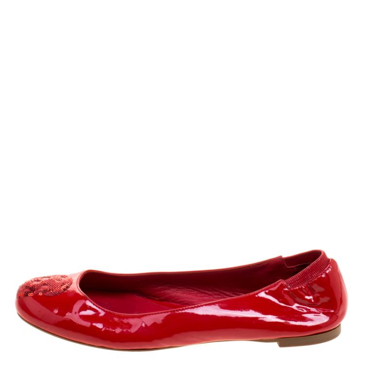 Pre Owned Alexander McQueen Pink Patent Leather Sequin Skull Ballet Flats Size 36