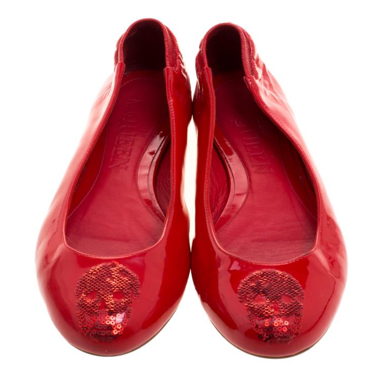 Pre Owned Alexander McQueen Pink Patent Leather Sequin Skull Ballet Flats Size 36