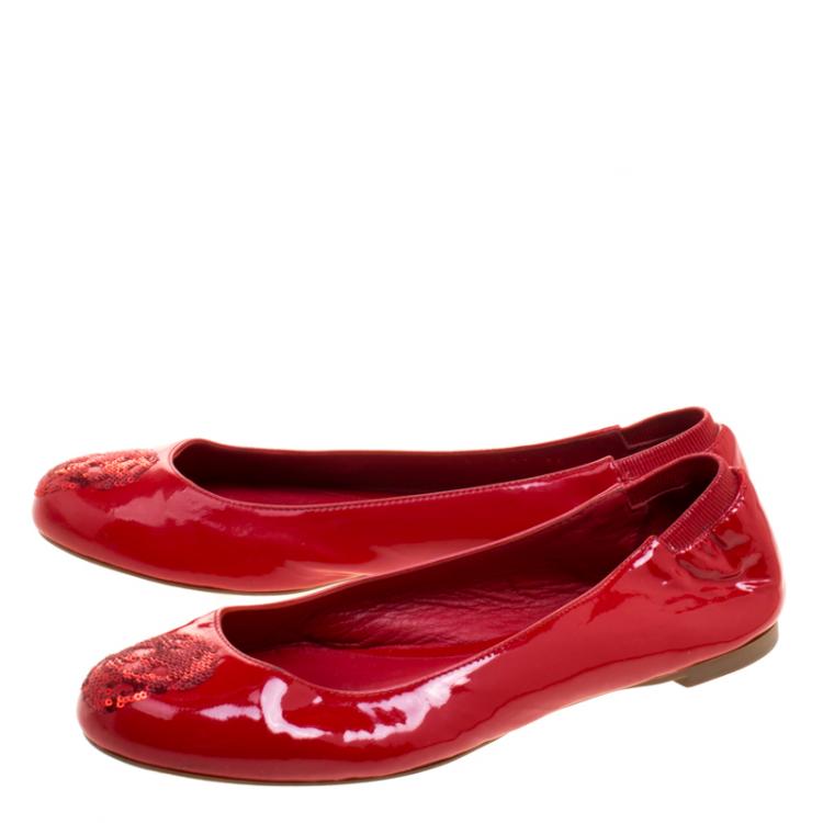Pre Owned Alexander McQueen Pink Patent Leather Sequin Skull Ballet Flats Size 36