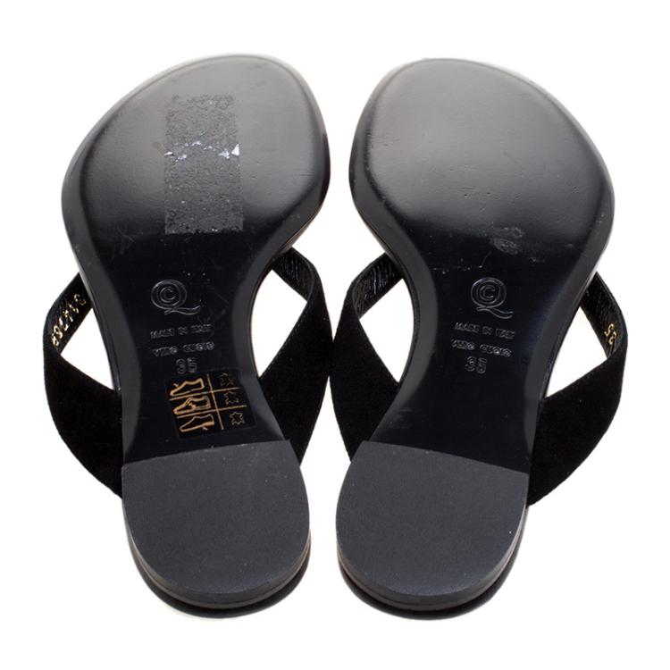 Pre Owned Alexander McQueen Black Suede Crystal Embellished Skull Flat Thong Sandals Size 35