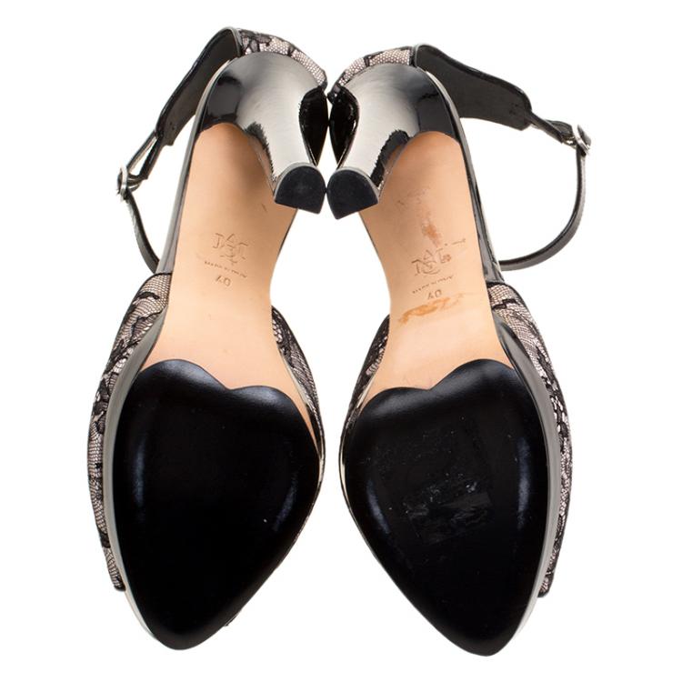 Pre Owned Alexander McQueen Black Lace Peep Toe Ankle Strap Sandals Size 40