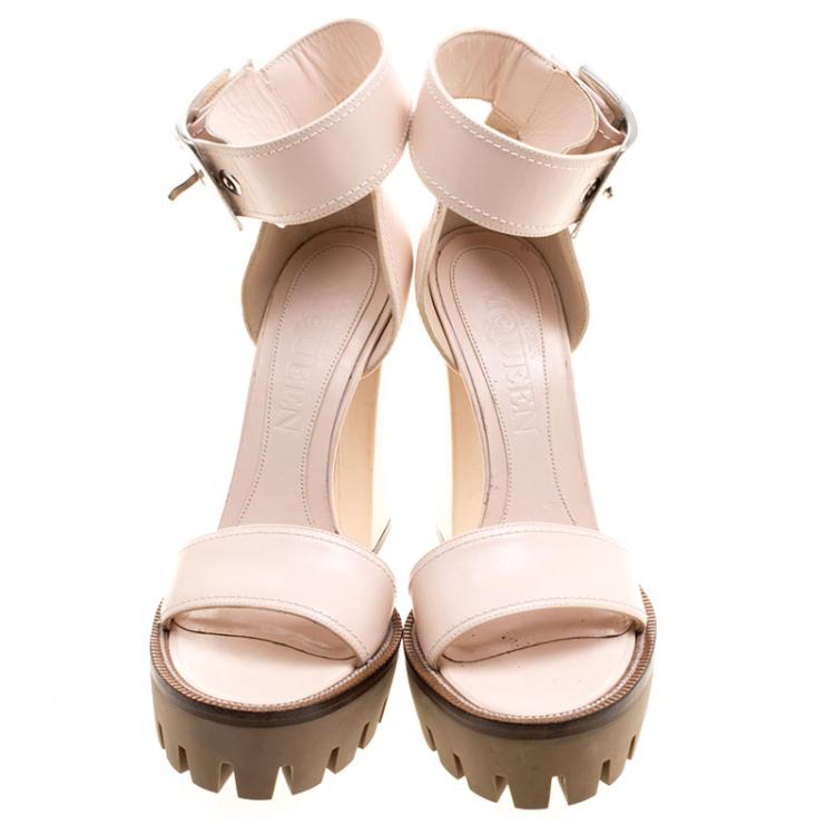 Pre Owned Alexander McQueen Blush Pink Leather Ankle Strap Platform Sandals Size 38