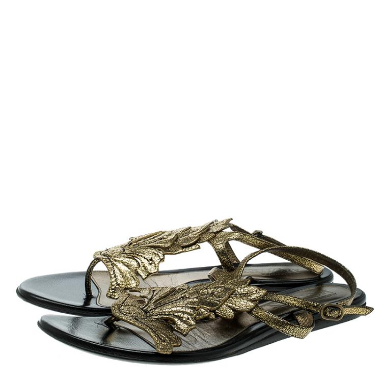 Pre Owned Alexander McQueen Gold Leather Flat Sandals Size 40.5