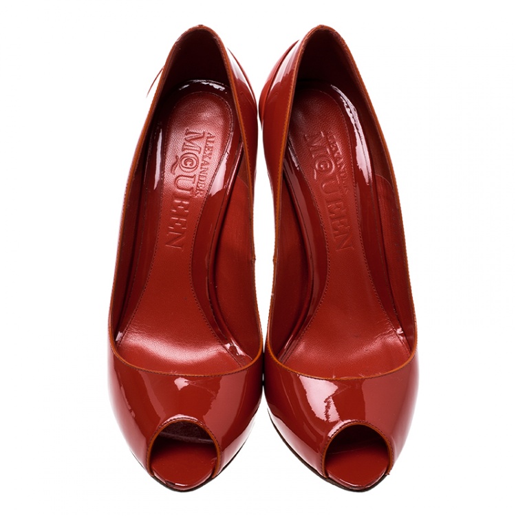 Pre Owned Alexander McQueen Red Patent Leather Peep Toe Pumps Size 37.5