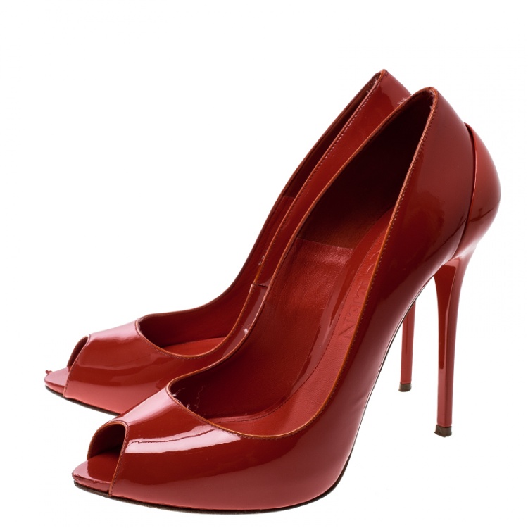 Pre Owned Alexander McQueen Red Patent Leather Peep Toe Pumps Size 37.5