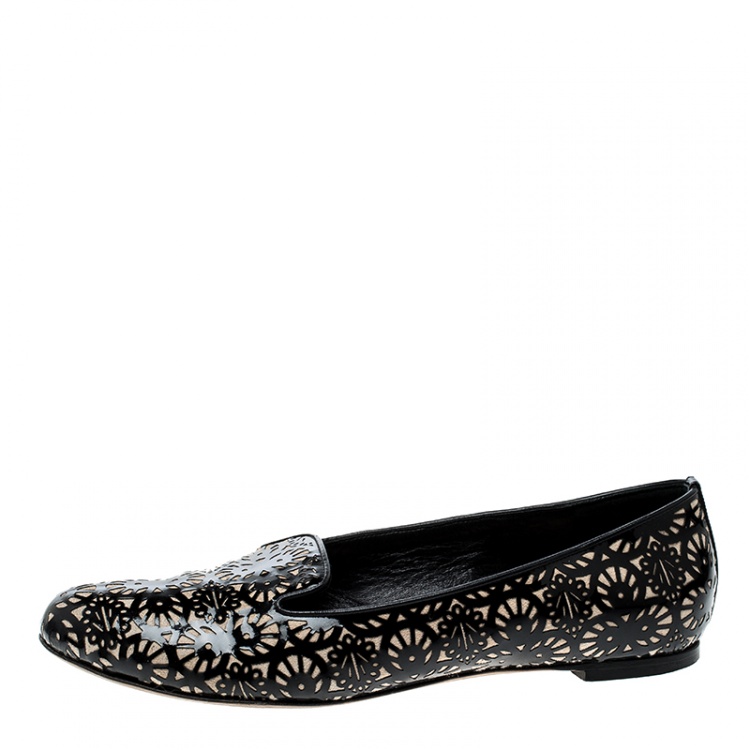 Pre Owned Alexander McQueen Two Tone Laser Cut Patent Leather and Suede Smoking Slippers Size 39