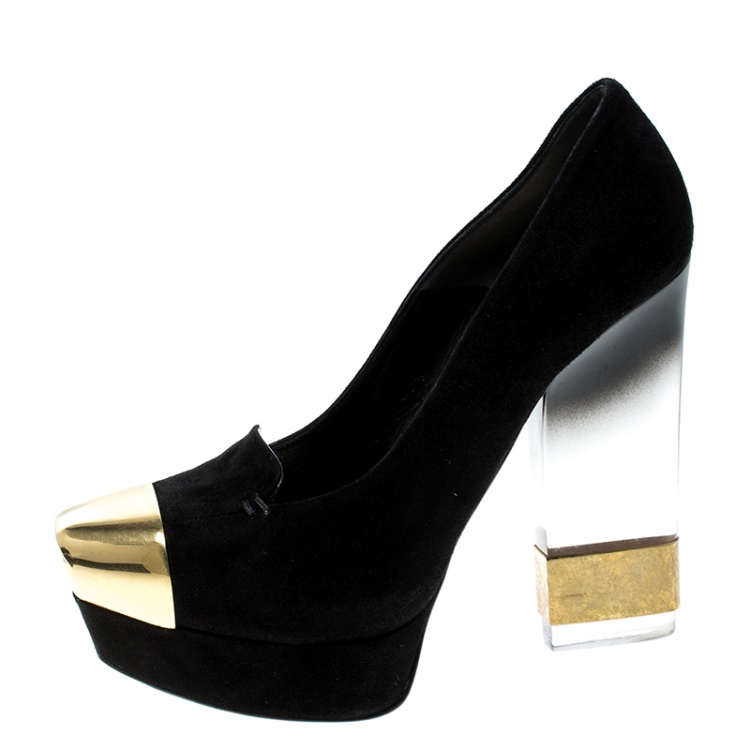 Pre Owned Alexander McQueen Black Suede Plexi Heel Platform Pumps Size 38.5