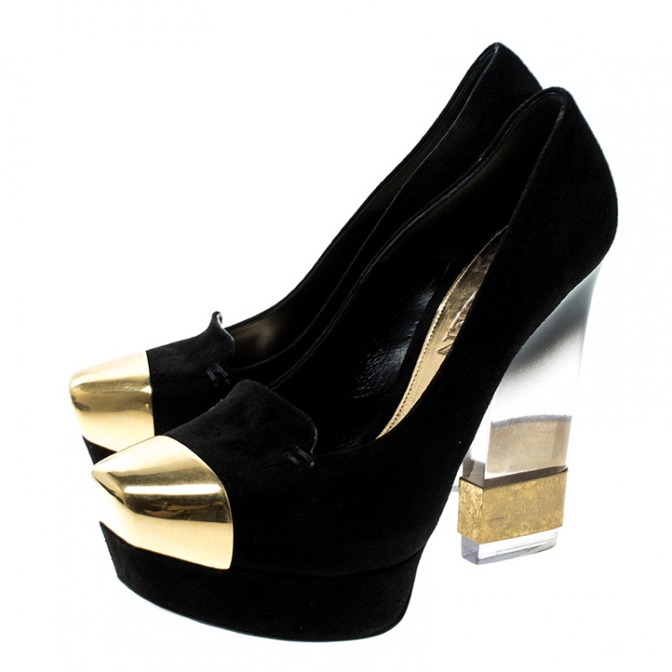 Pre Owned Alexander McQueen Black Suede Plexi Heel Platform Pumps Size 38.5