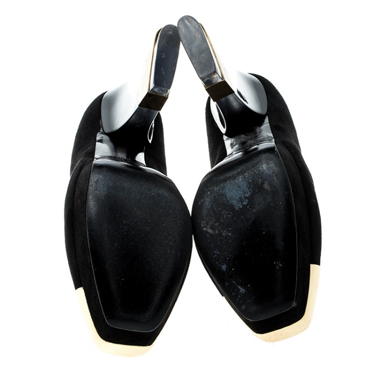 Pre Owned Alexander McQueen Black Suede Plexi Heel Platform Pumps Size 38.5