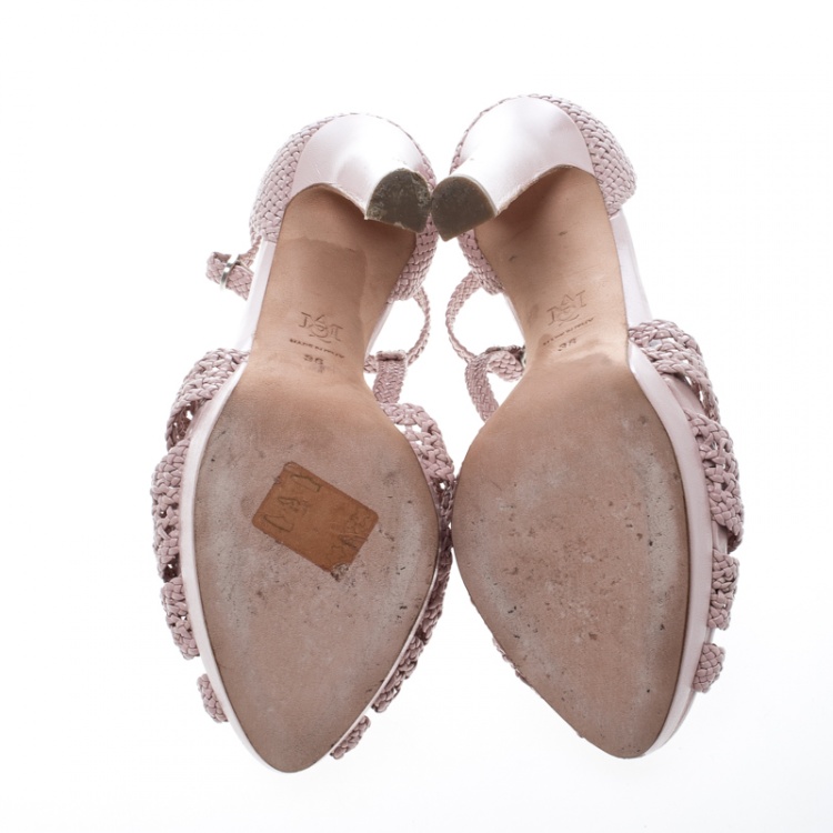 Pre Owned Alexander McQueen Pink Woven Leather T-Bar Ankle Strap Platform Sandals Size 36