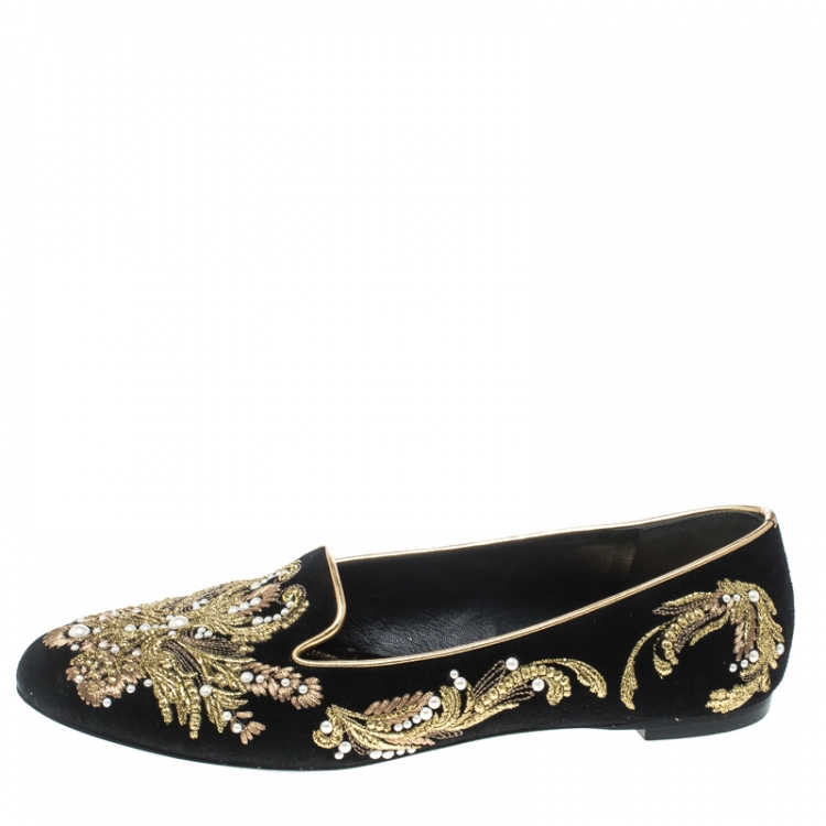 مملوكة مسبقًا Alexander McQueen Black Velvet Embroidered Smoking Slippers Size 38.5