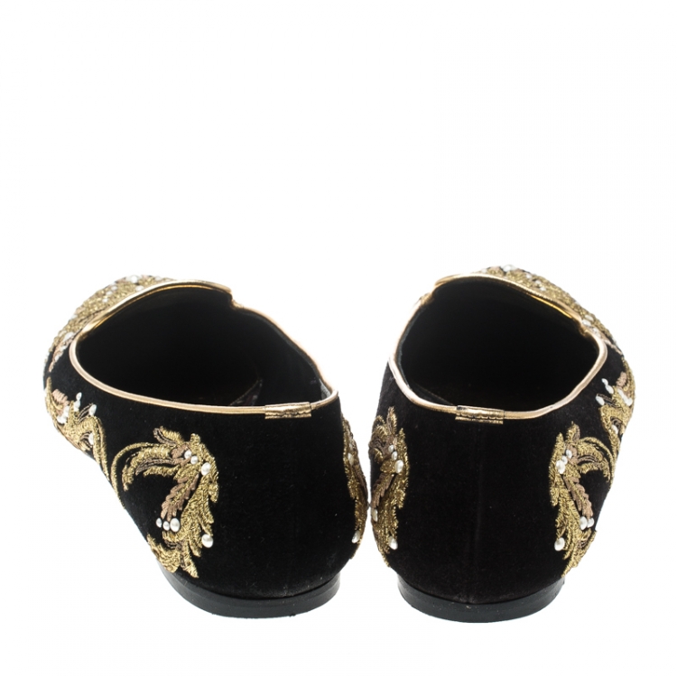 مملوكة مسبقًا Alexander McQueen Black Velvet Embroidered Smoking Slippers Size 38.5