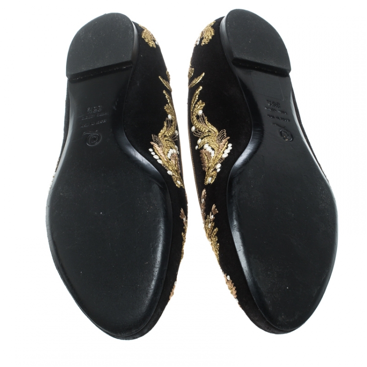 مملوكة مسبقًا Alexander McQueen Black Velvet Embroidered Smoking Slippers Size 38.5