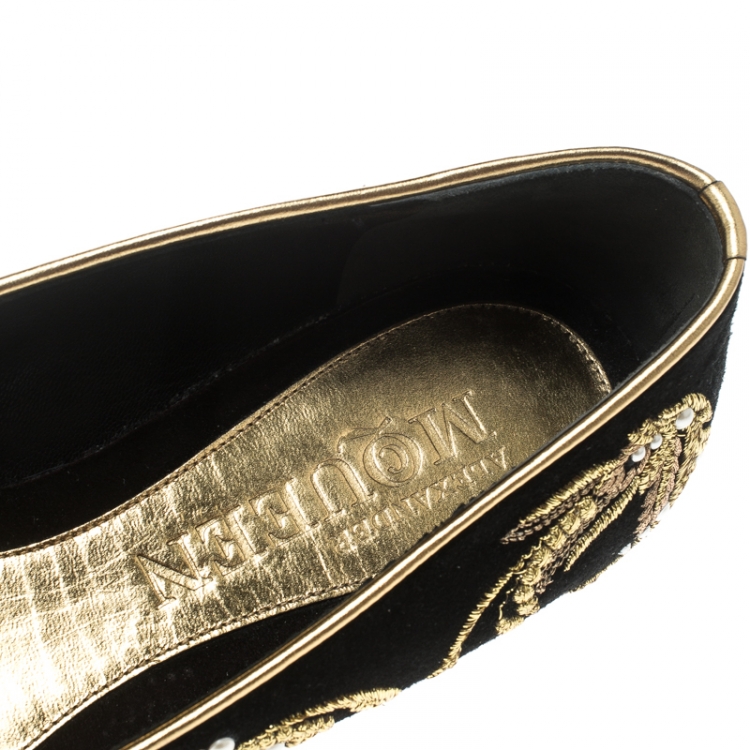 مملوكة مسبقًا Alexander McQueen Black Velvet Embroidered Smoking Slippers Size 38.5