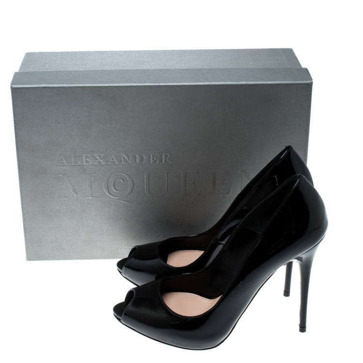 Pre Owned Alexander McQueen Black Patent Leather Peep Toe Pumps Size 36