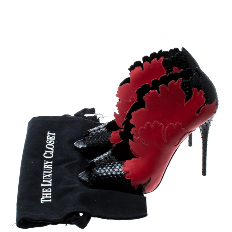 Pre Owned Alexander McQueen Red/Black Python and Leather Kimono Flower Peep Toe Booties Size 39