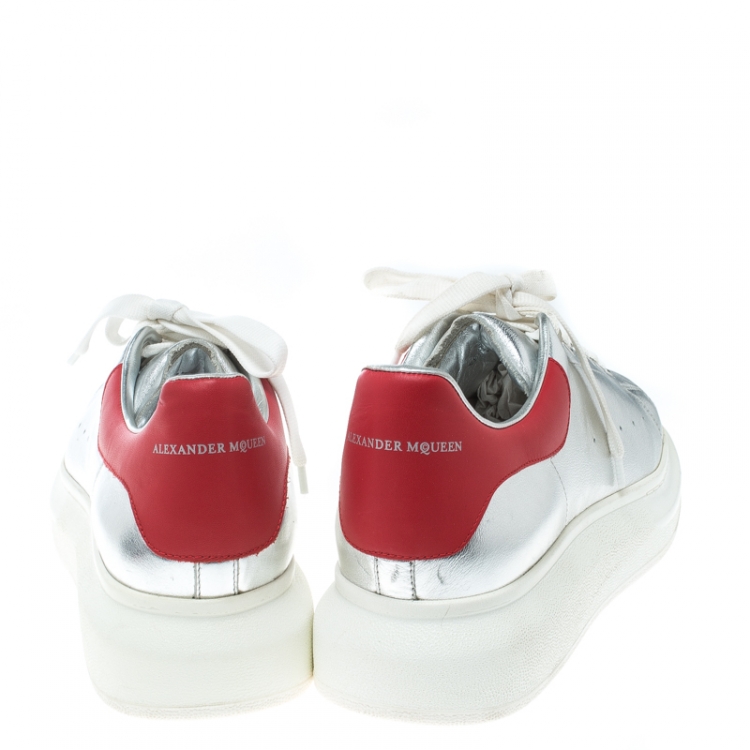 Pre Owned Alexander McQueen Silver/Red Leather Classic Larry Platform Lace Up Sneakers Size 45