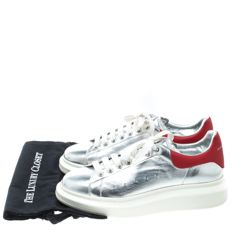 Pre Owned Alexander McQueen Silver/Red Leather Classic Larry Platform Lace Up Sneakers Size 45