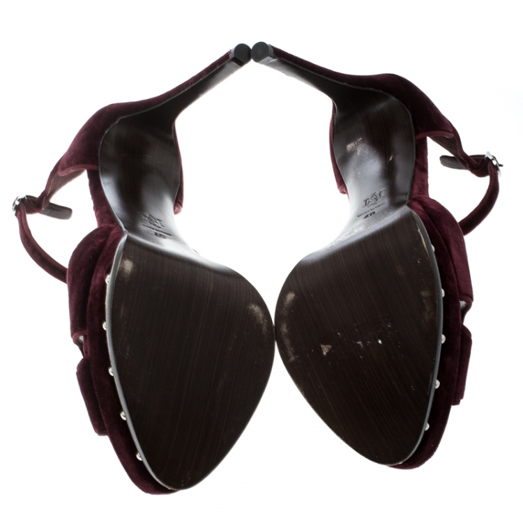 Pre Owned Alexander McQueen Burgundy Velvet Butterfly Platform Ankle Strap Sandals Size 40