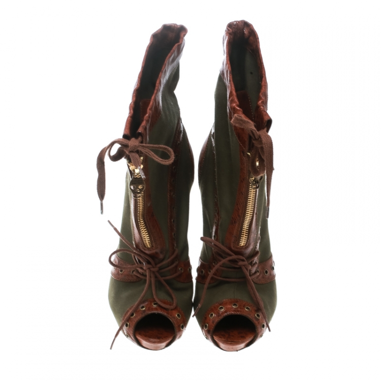 Pre Owned Alexander McQueen Olive Green Eyelet Embellished Canvas And Textured Leather Peep-Toe Booties Size 38