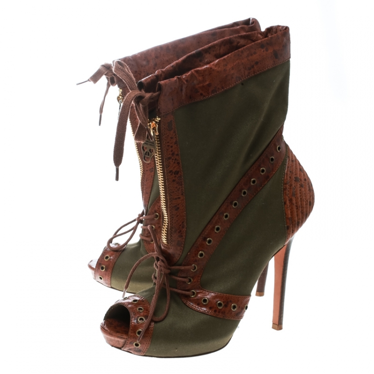 Pre Owned Alexander McQueen Olive Green Eyelet Embellished Canvas And Textured Leather Peep-Toe Booties Size 38