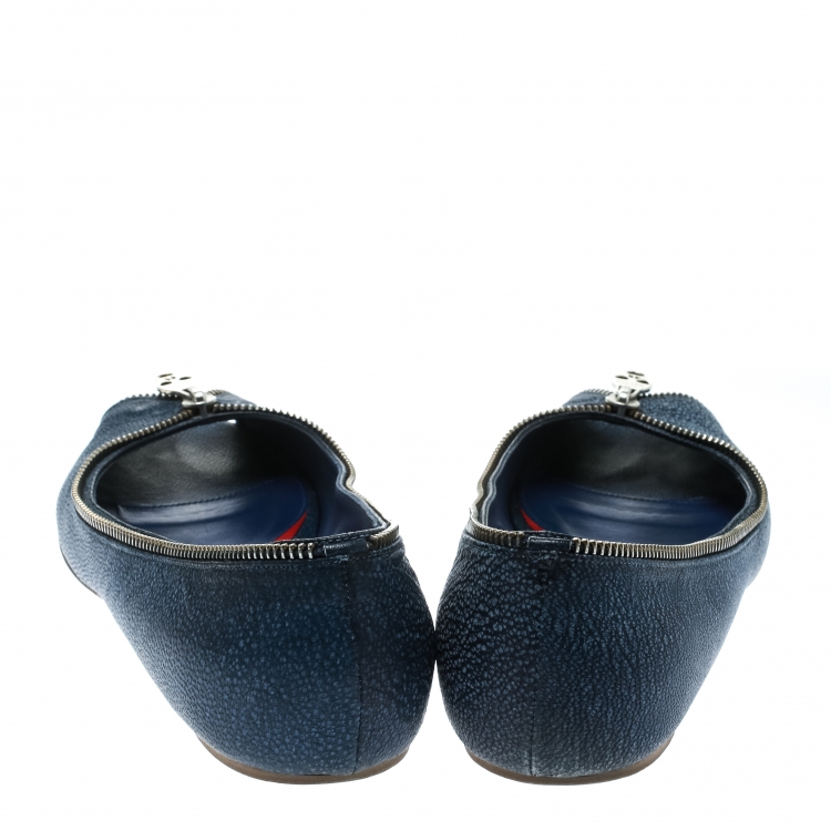 Pre Owned Alexander McQueen Blue Textured Leather Skull Zip Detail Peep Toe Ballet Flats Size 38