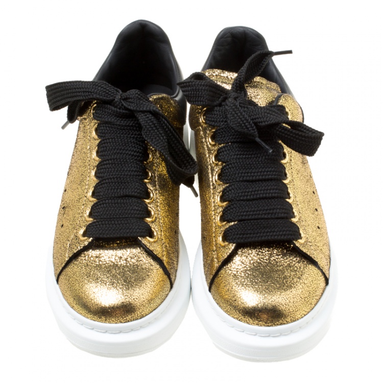 Pre Owned Alexander McQueen Gold/Black Leather Classic Larry Platform Lace Up Sneakers Size 37