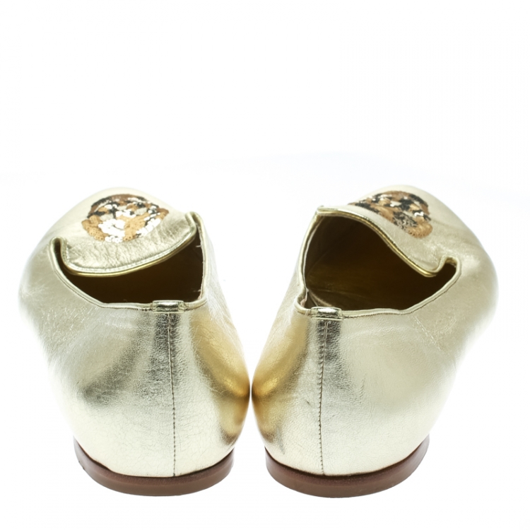 Pre Owned Alexander McQueen Gold Leather Sequin Skull Ballet Loafer Flats Size 39