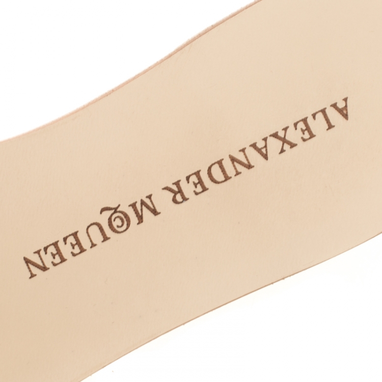 Pre Owned Alexander McQueen Blush Pink Skull Embroidered Leather Poppy Slide Flats Size 37.5