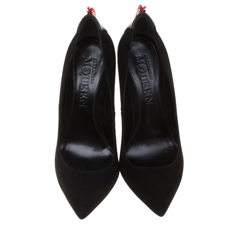 Pre Owned Alexander McQueen Black Suede Zip Embellished Heel Pointed Toe Pumps Size 38