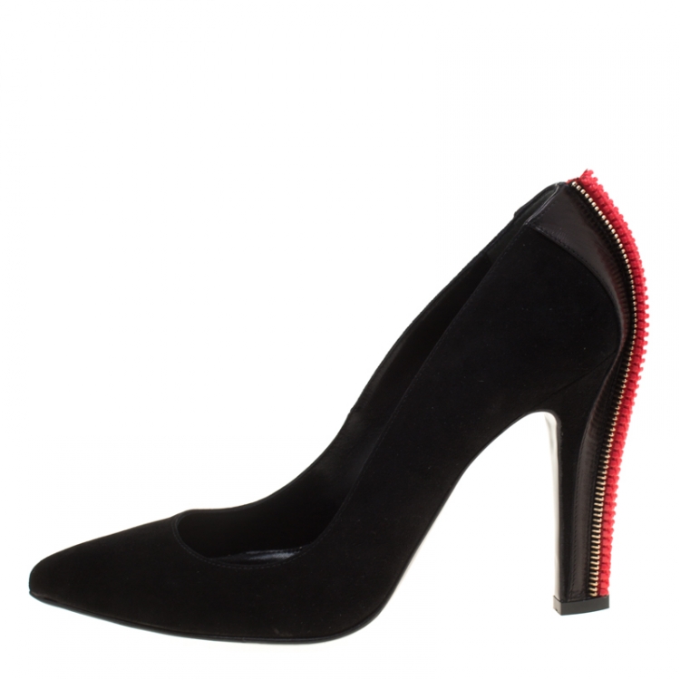 Pre Owned Alexander McQueen Black Suede Zip Embellished Heel Pointed Toe Pumps Size 38