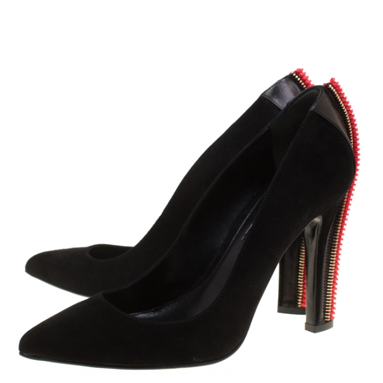 Pre Owned Alexander McQueen Black Suede Zip Embellished Heel Pointed Toe Pumps Size 38