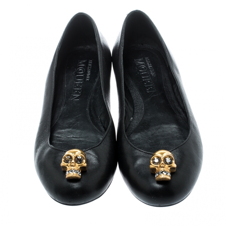 Pre Owned Alexander McQueen Black Leather Skull City Ballet Flats Size 36