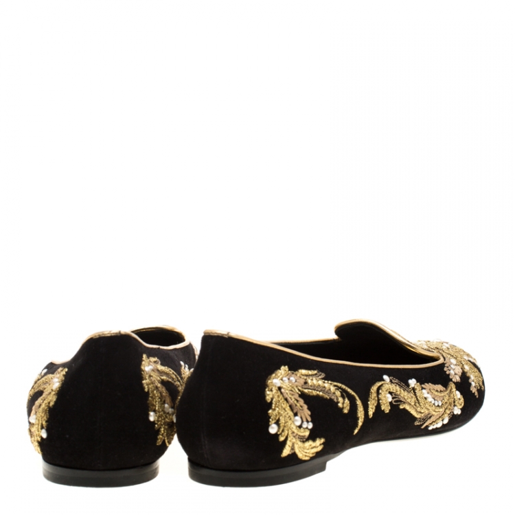 Pre Owned Alexander McQueen Black Suede Embroidered Smoking Slippers Size 39.5
