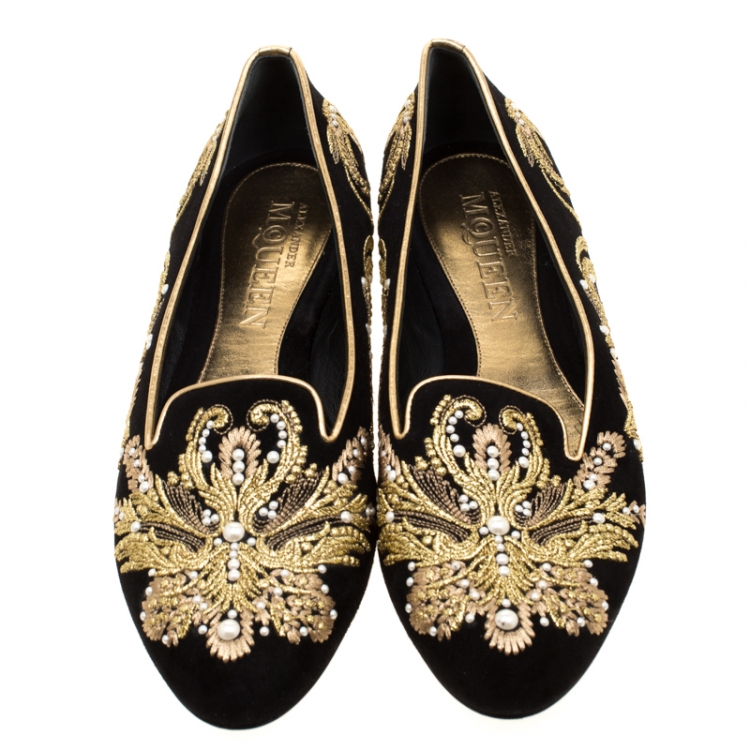 Pre Owned Alexander McQueen Black Suede Embroidered Smoking Slippers Size 39.5