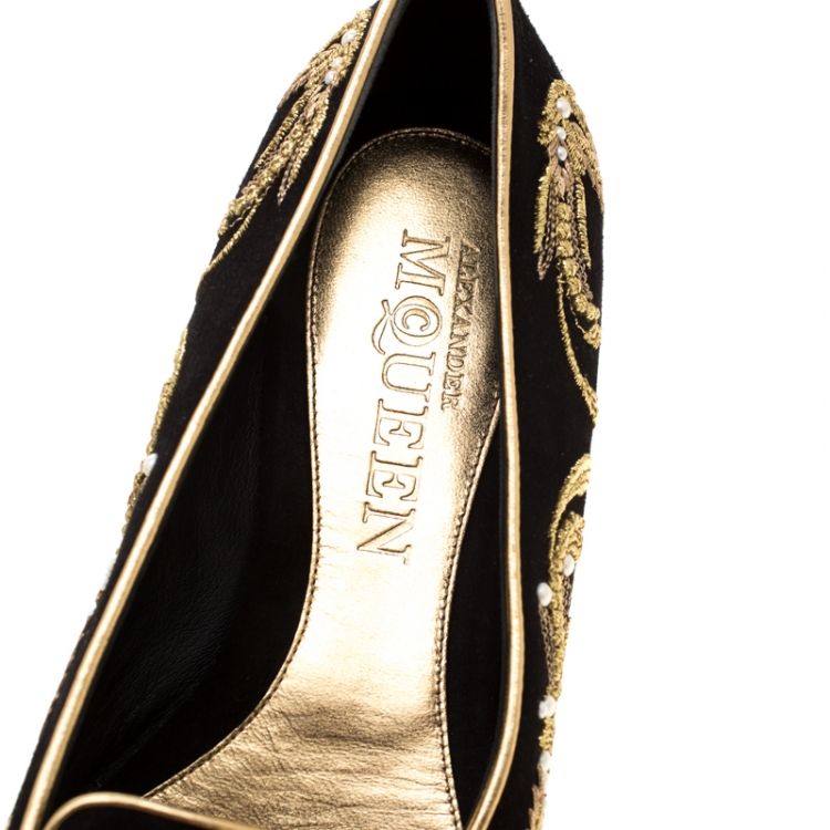 Pre Owned Alexander McQueen Black Suede Embroidered Smoking Slippers Size 39.5