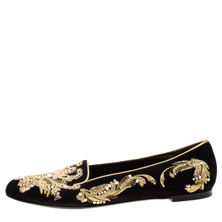 Pre Owned Alexander McQueen Black Suede Embroidered Smoking Slippers Size 39.5