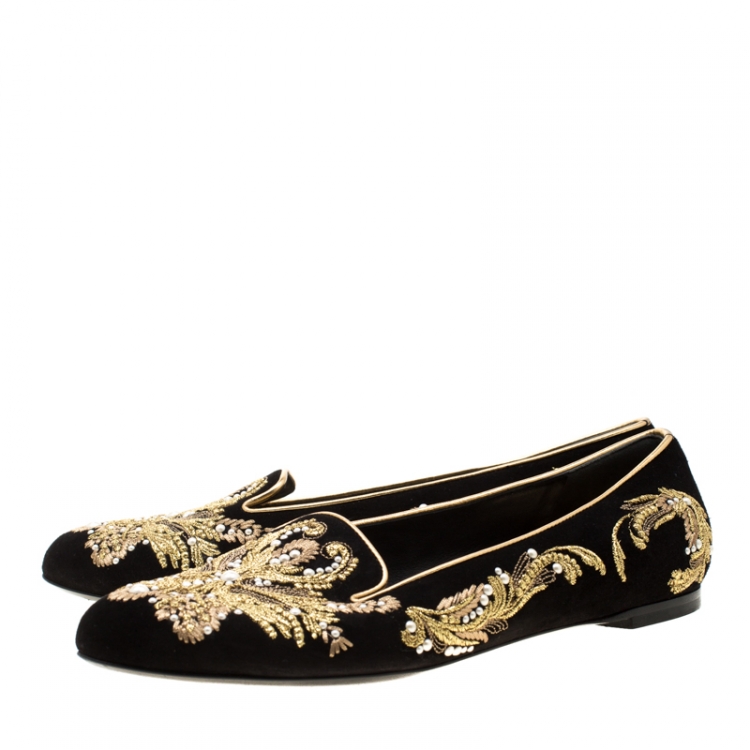 Pre Owned Alexander McQueen Black Suede Embroidered Smoking Slippers Size 39.5