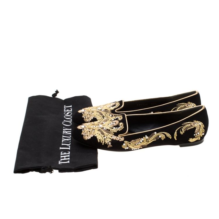 Pre Owned Alexander McQueen Black Suede Embroidered Smoking Slippers Size 39.5